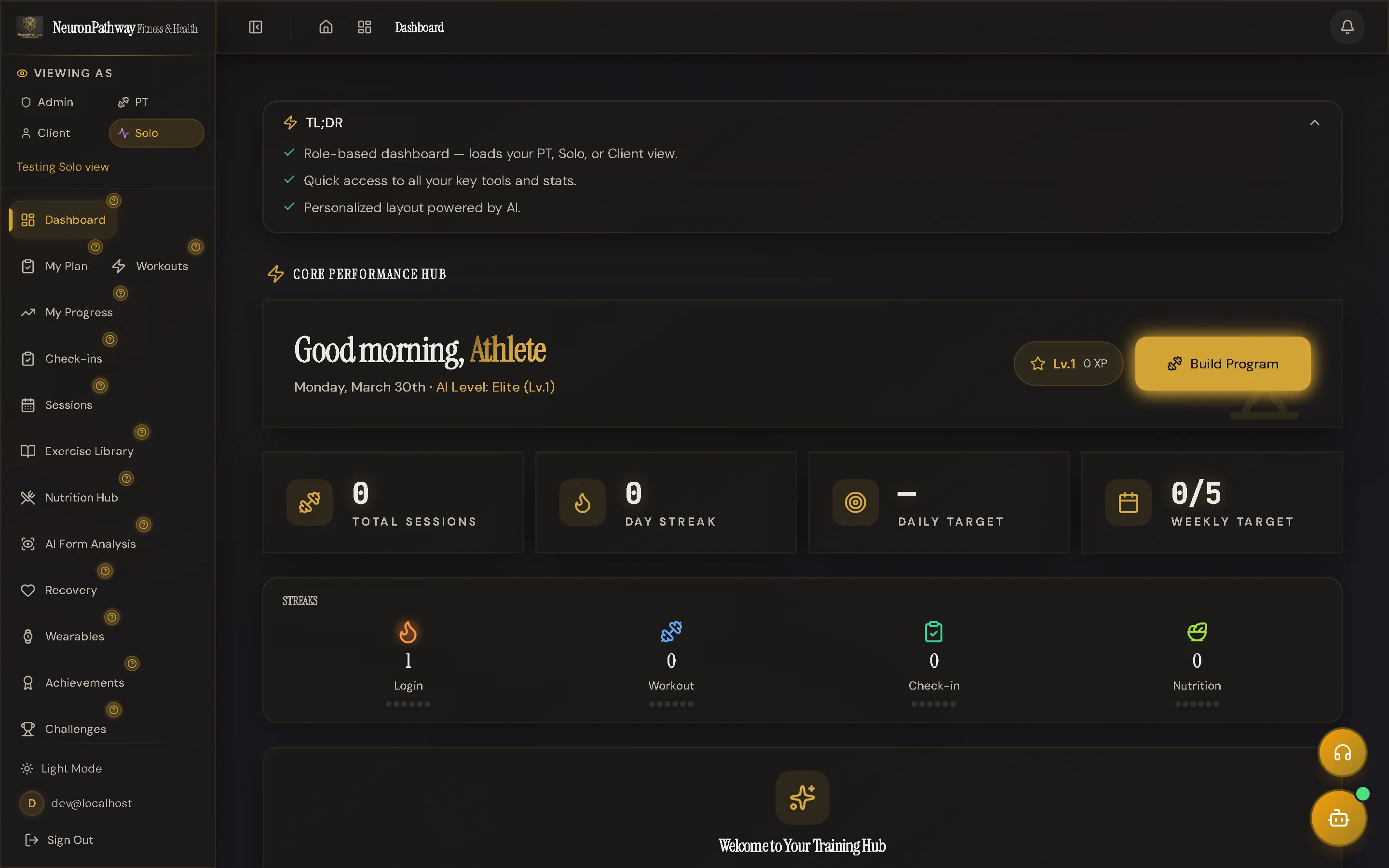 Athlete dashboard preview with AI coaching, training plan, and recovery metrics