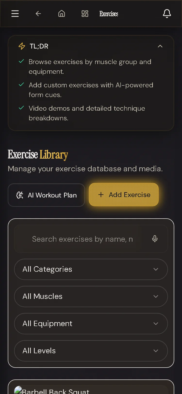 Exercise library on mobile