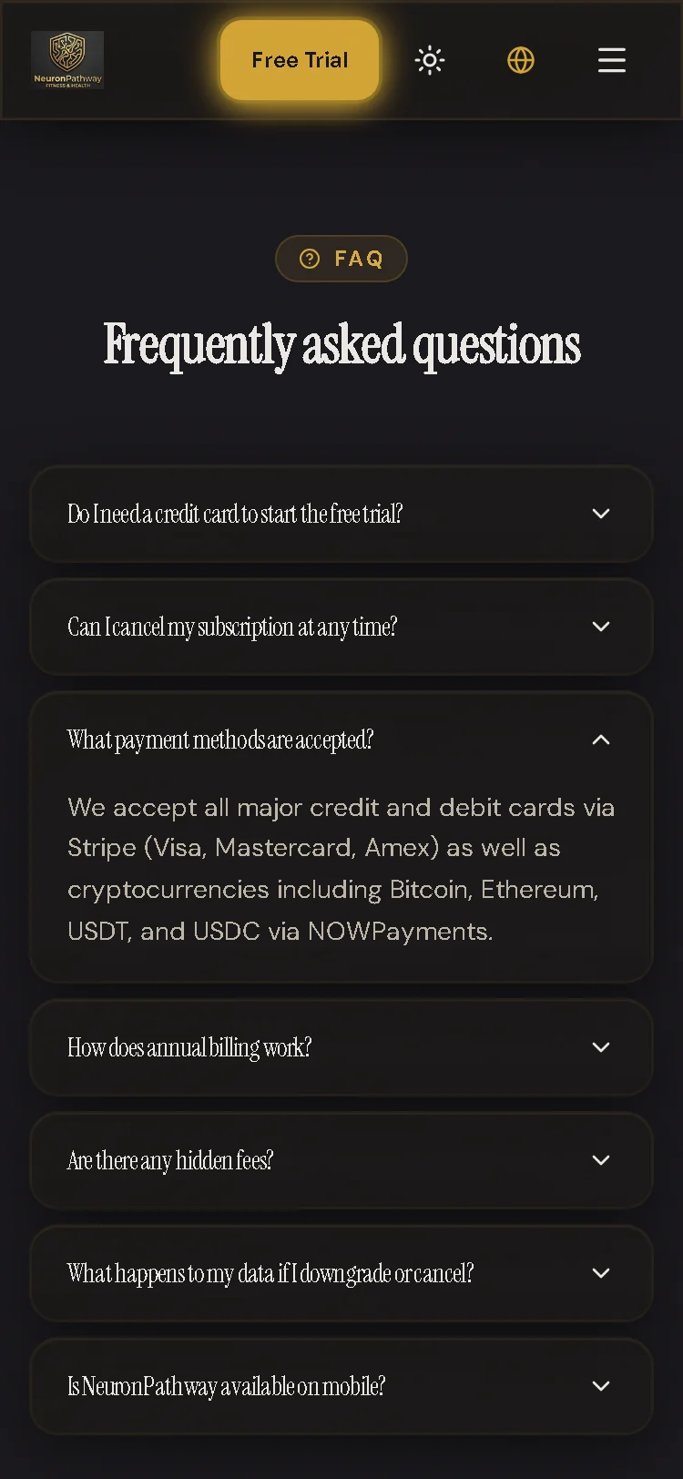 NeuronPathway mobile pricing view